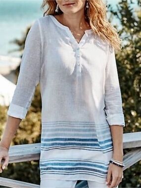 J Jill White Blue Stripe Linen Blend Tunic Top Women's Size Medium